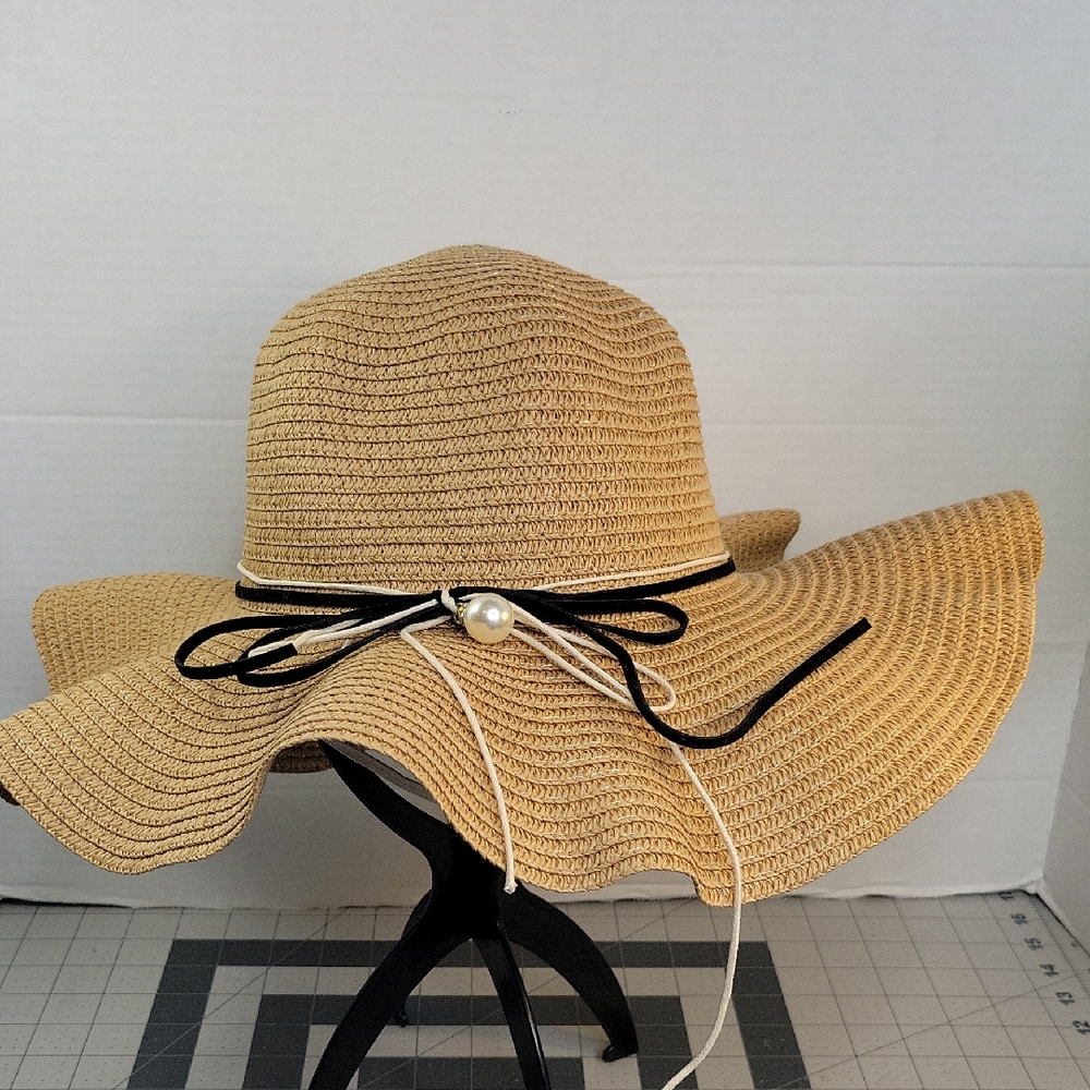 Floppy Straw Sun Hat Pearl‎ Ribbon Bow Wide Brim Beach Derby Hat